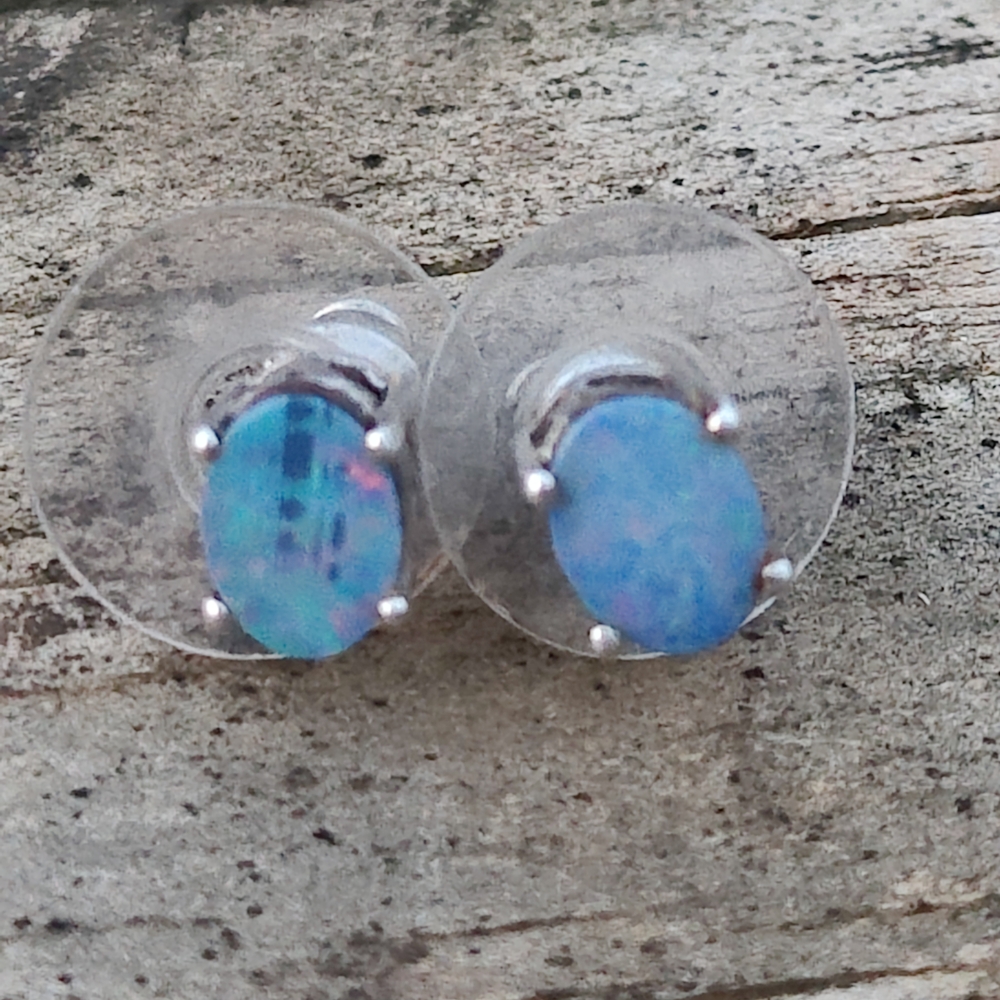 Sterling Silver Natural Opal Stud Earrings - Picture 3 of 6